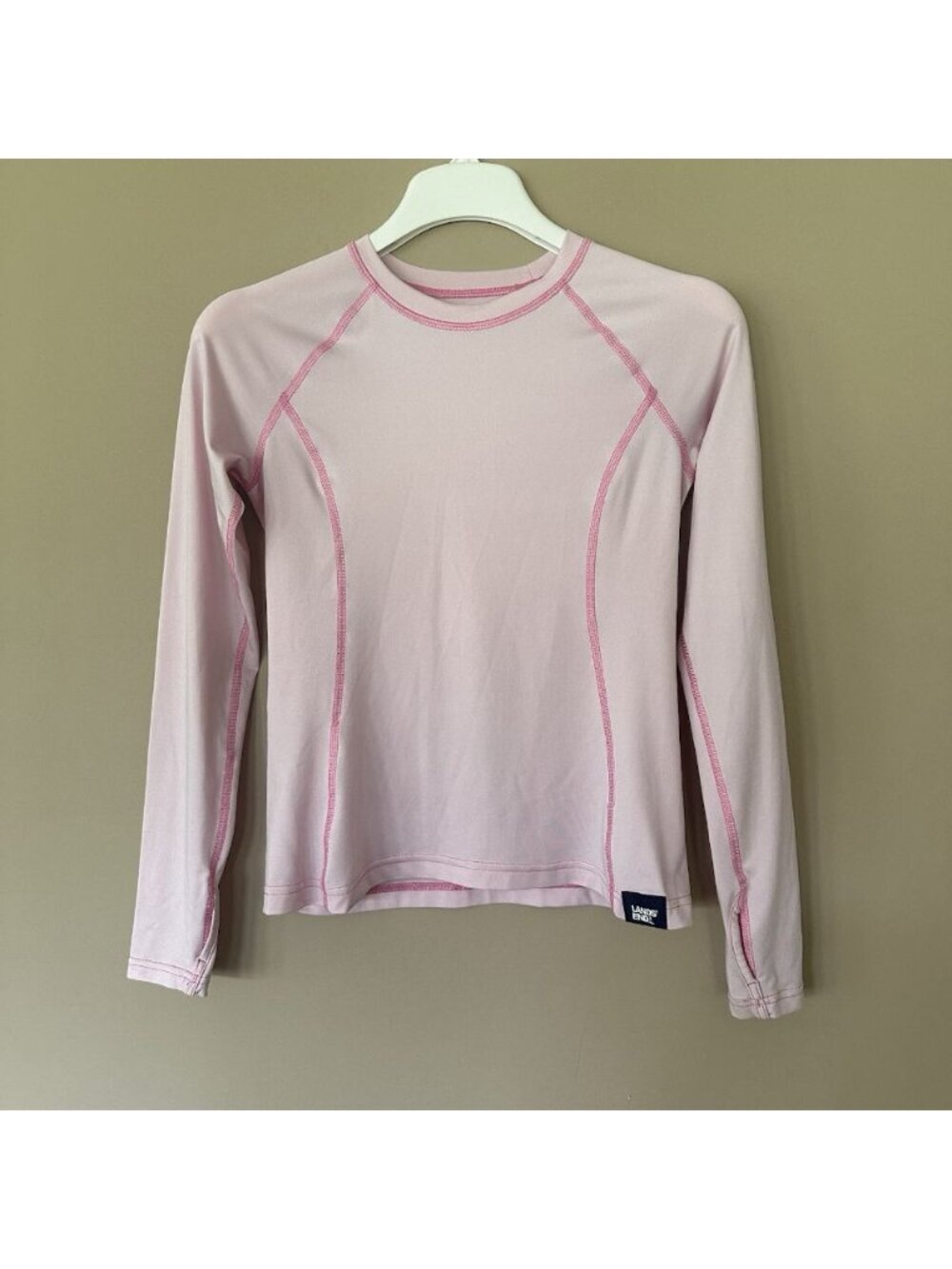 Lands End Rash Guard Pink Youth Girls L Thumb Holes Long Sleeve Top Beach Swim